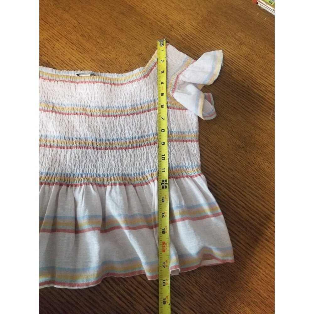 American Eagle Medium Top Smocked Peplum Crop Linen Blend Striped Women’s - Picture 9 of 10